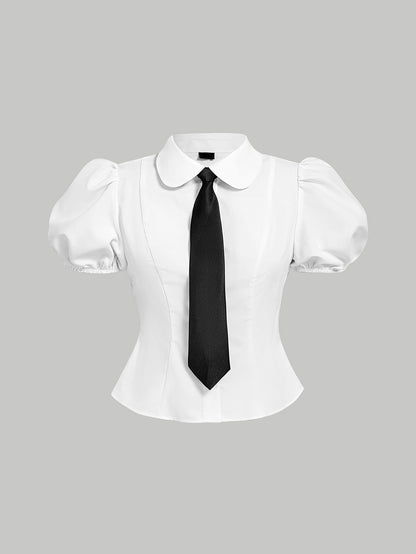 MOD Plus Size Women's White Puff Sleeve Fitted Blouse,Cute Back-To-School Tie Collar Shirt,Elegant Casual Formal Graduation Office Work Tops,Summer School