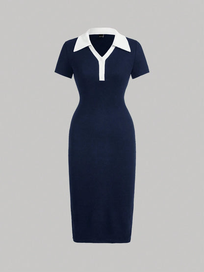 MOD Preppy Style Navy And White Contrast Collar Button Front Dress