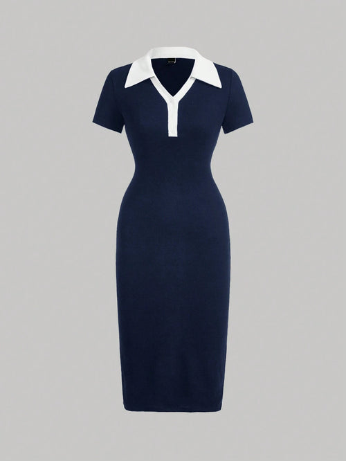 MOD Preppy Style Navy And White Contrast Collar Button Front Dress