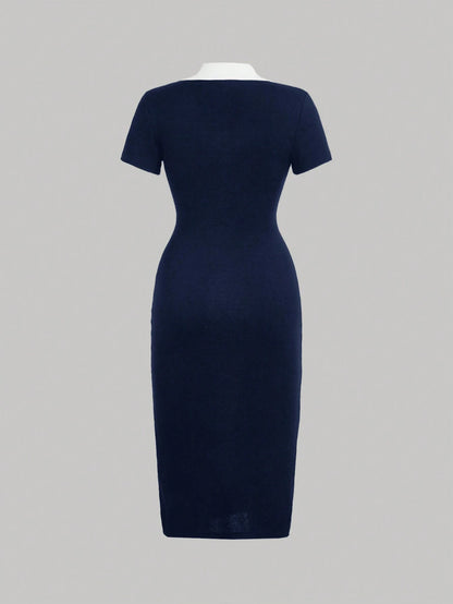 MOD Preppy Style Navy And White Contrast Collar Button Front Dress
