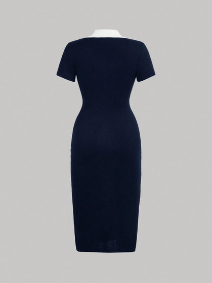 MOD Preppy Style Navy And White Contrast Collar Button Front Dress