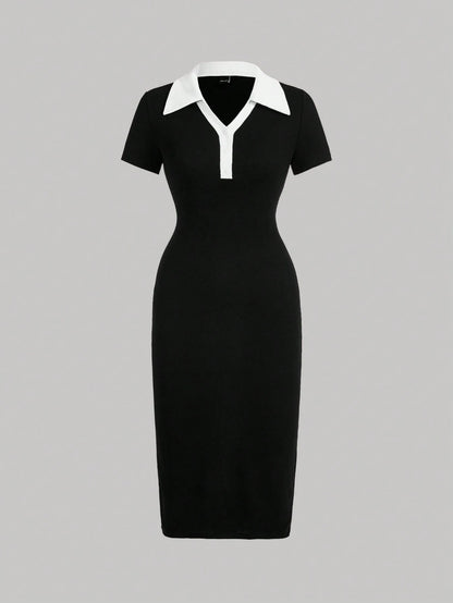 MOD Preppy Style Navy And White Contrast Collar Button Front Dress