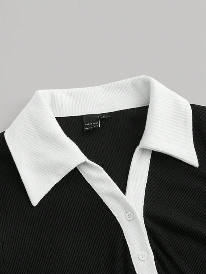 MOD Preppy Style Navy And White Contrast Collar Button Front Dress