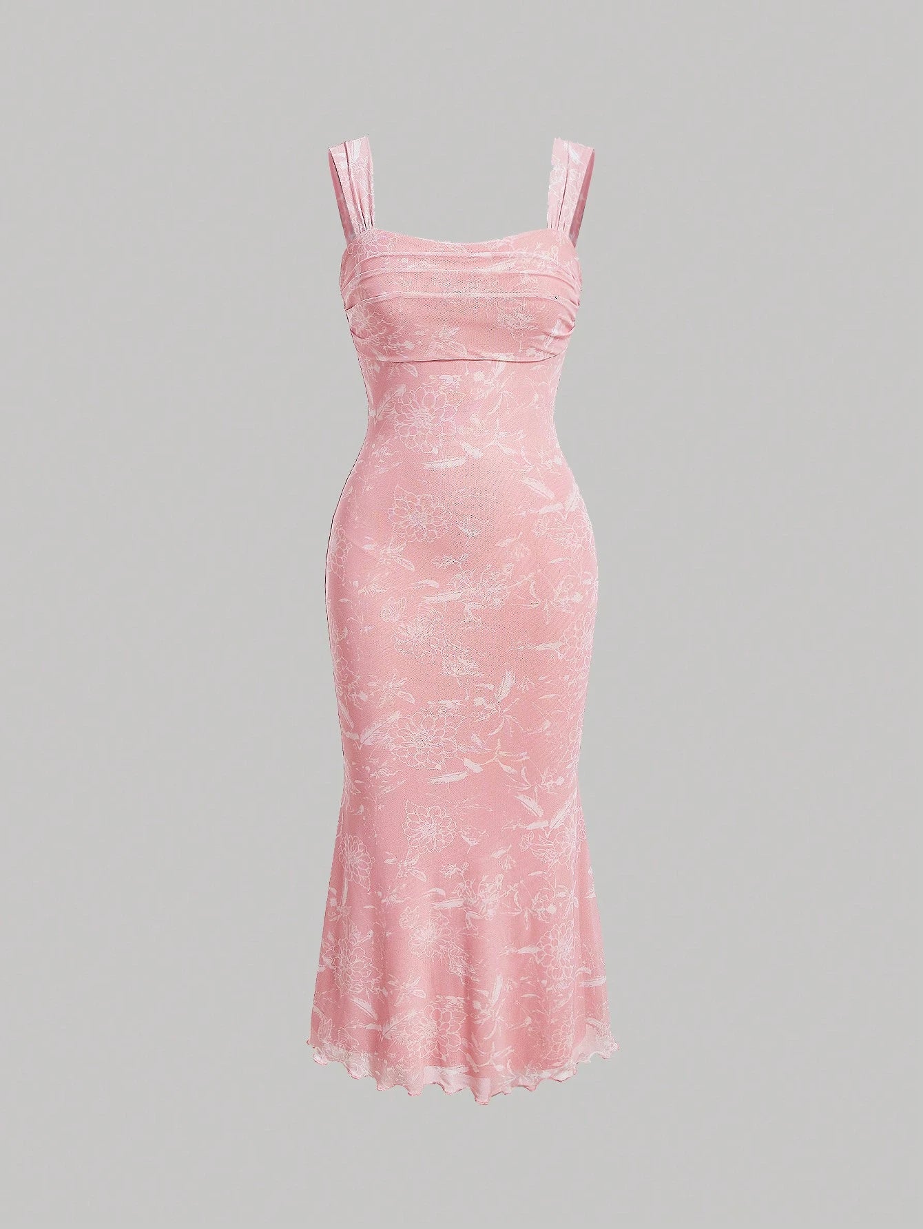 MOD Ruched Bust Mermaid Hem Floral Mesh Overlay Cami Dress,Pastel Dresses For Women, Wedding Guest Dress