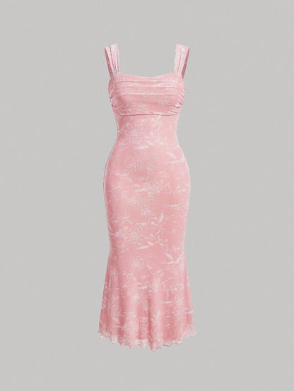 MOD Ruched Bust Mermaid Hem Floral Mesh Overlay Cami Dress,Pastel Dresses For Women, Wedding Guest Dress