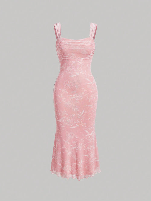 MOD Ruched Bust Mermaid Hem Floral Mesh Overlay Cami Dress,Pastel Dresses For Women, Wedding Guest Dress