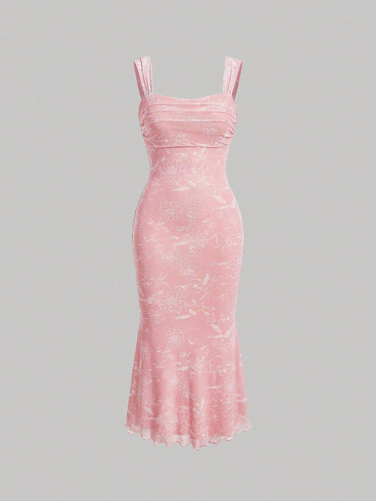 MOD Ruched Bust Mermaid Hem Floral Mesh Overlay Cami Dress,Pastel Dresses For Women, Wedding Guest Dress