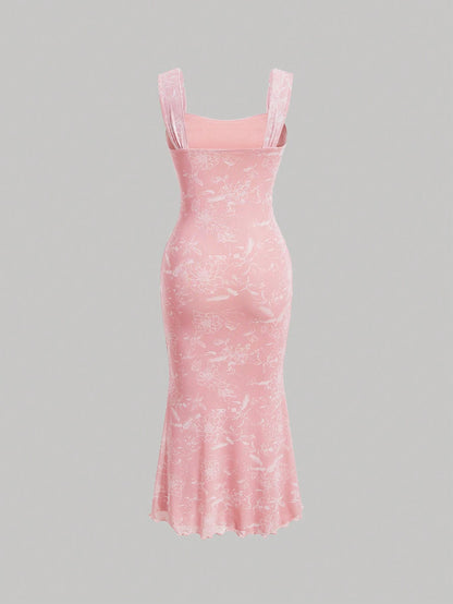 MOD Ruched Bust Mermaid Hem Floral Mesh Overlay Cami Dress,Pastel Dresses For Women, Wedding Guest Dress