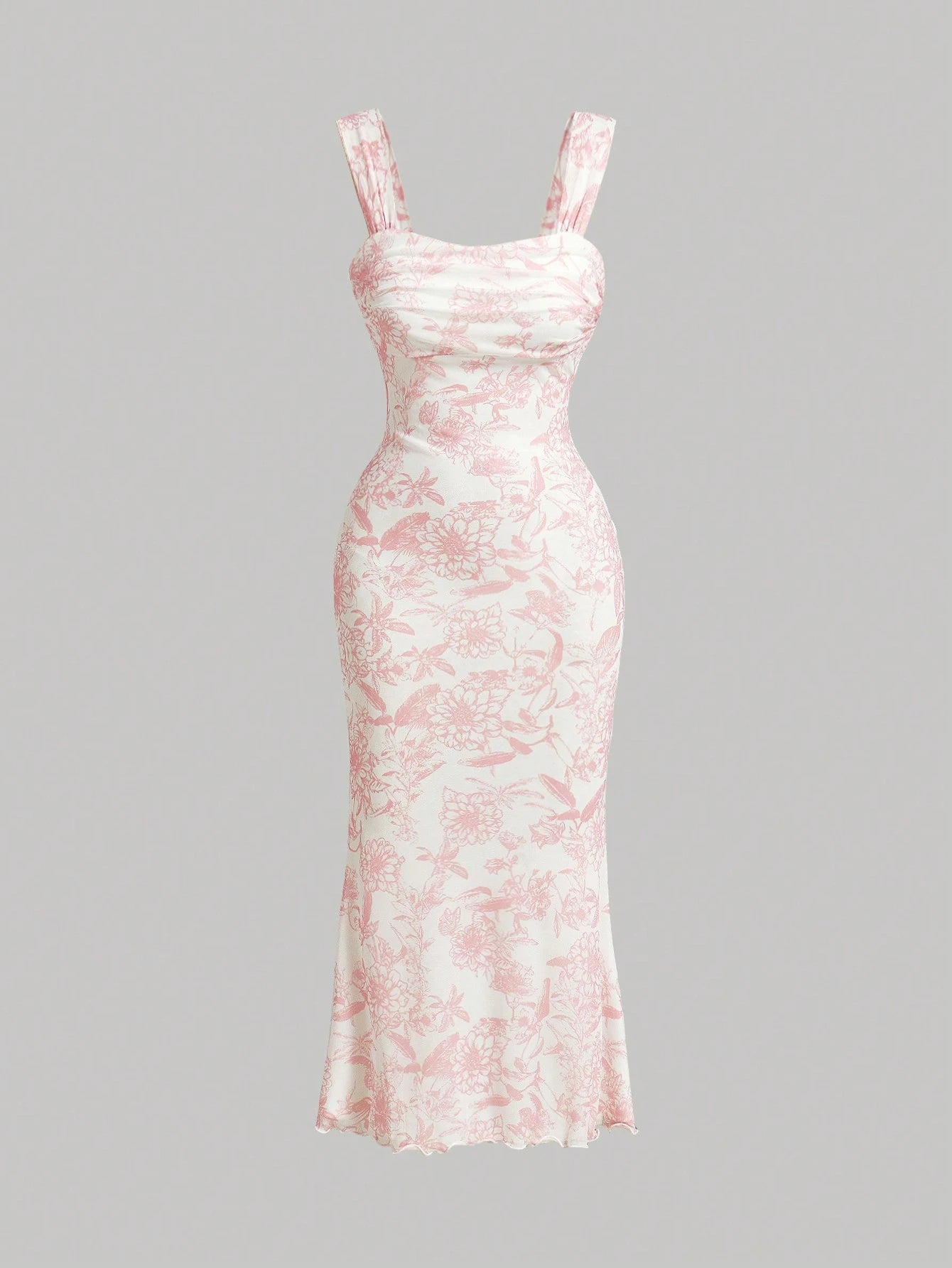 MOD Ruched Bust Mermaid Hem Floral Mesh Overlay Cami Dress,Pastel Dresses For Women, Wedding Guest Dress