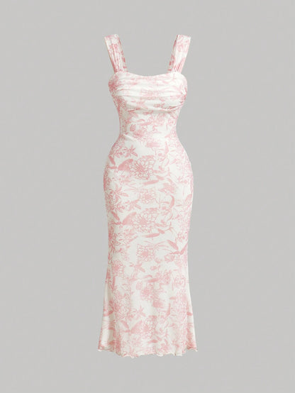 MOD Ruched Bust Mermaid Hem Floral Mesh Overlay Cami Dress,Pastel Dresses For Women, Wedding Guest Dress