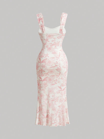 MOD Ruched Bust Mermaid Hem Floral Mesh Overlay Cami Dress,Pastel Dresses For Women, Wedding Guest Dress
