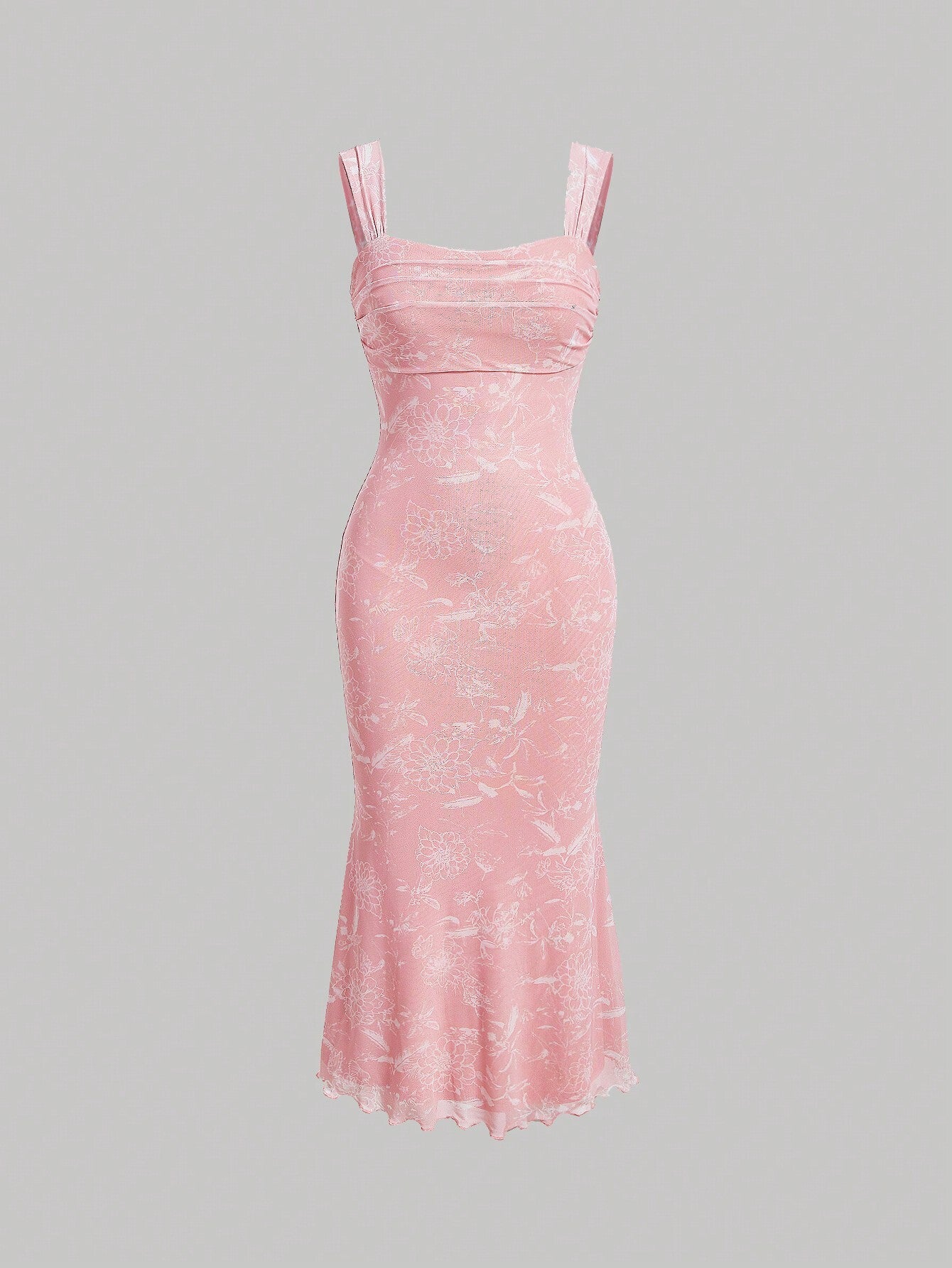 MOD Ruched Bust Mermaid Hem Floral Mesh Overlay Cami Dress,Pastel Dresses For Women, Wedding Guest Dress