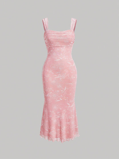 MOD Ruched Bust Mermaid Hem Floral Mesh Overlay Cami Dress,Pastel Dresses For Women, Wedding Guest Dress