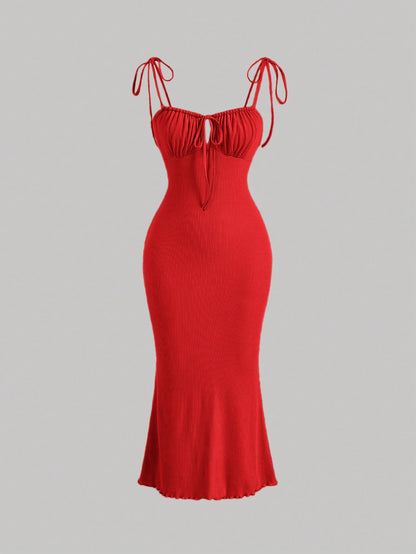 MOD Tie Shoulder Ruched Bust Mermaid Hem Cami Dress