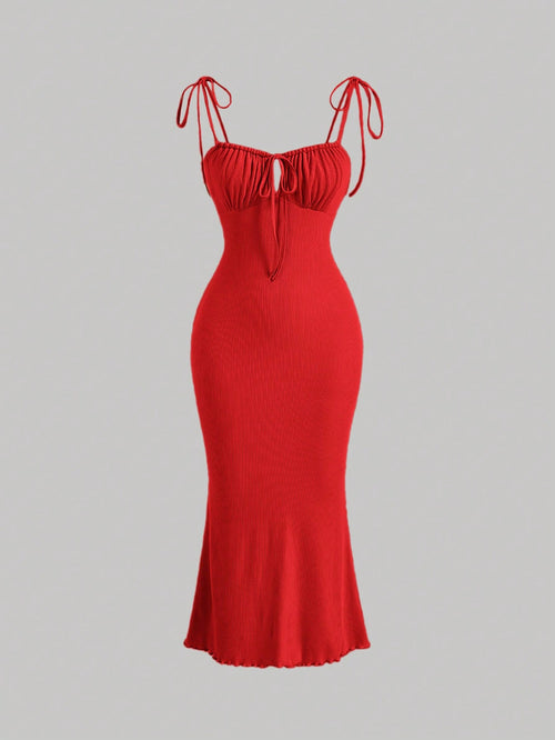 MOD Tie Shoulder Ruched Bust Mermaid Hem Cami Dress