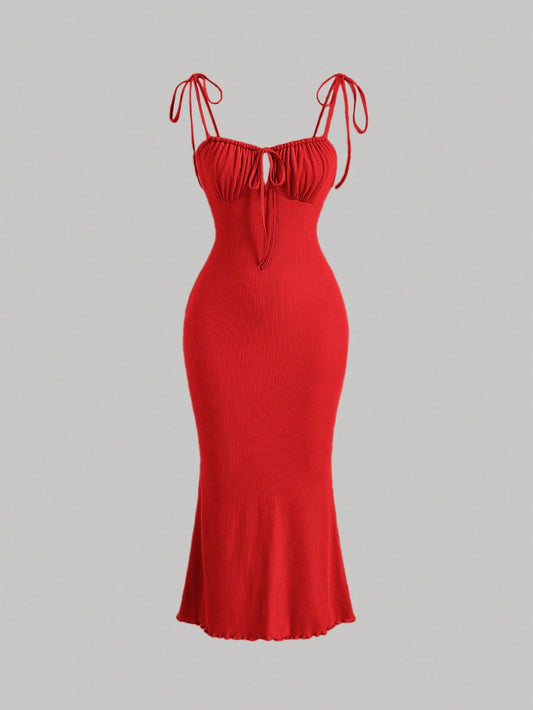 MOD Tie Shoulder Ruched Bust Mermaid Hem Cami Dress