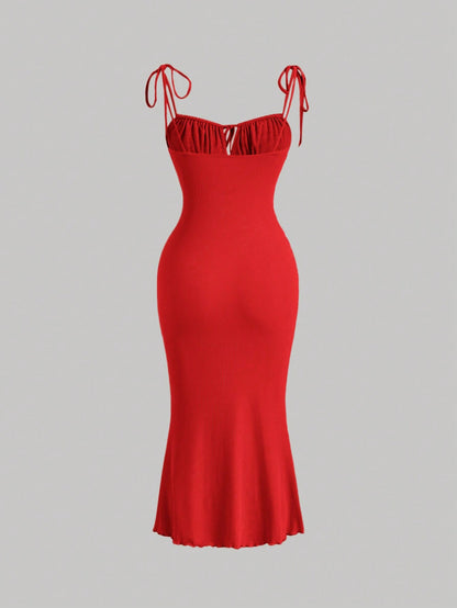 MOD Tie Shoulder Ruched Bust Mermaid Hem Cami Dress