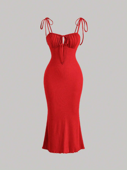 MOD Tie Shoulder Ruched Bust Mermaid Hem Cami Dress