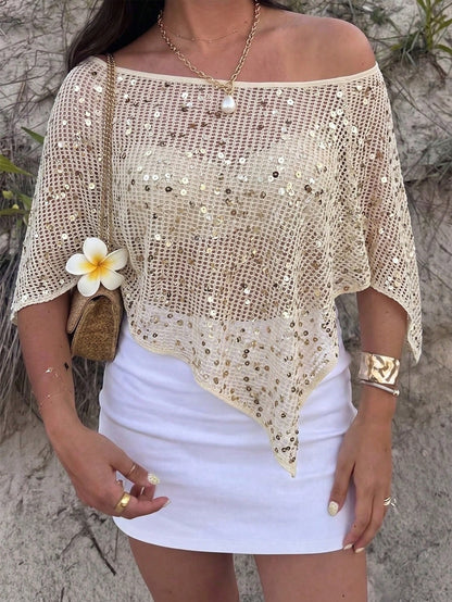 MOD Women's Beige Summer Casual Sequin Asymmetrical Neck Loose Top,Beach Holiday Vacation Festival Party Outfits, Swimwear Bathing Suit Cover Up