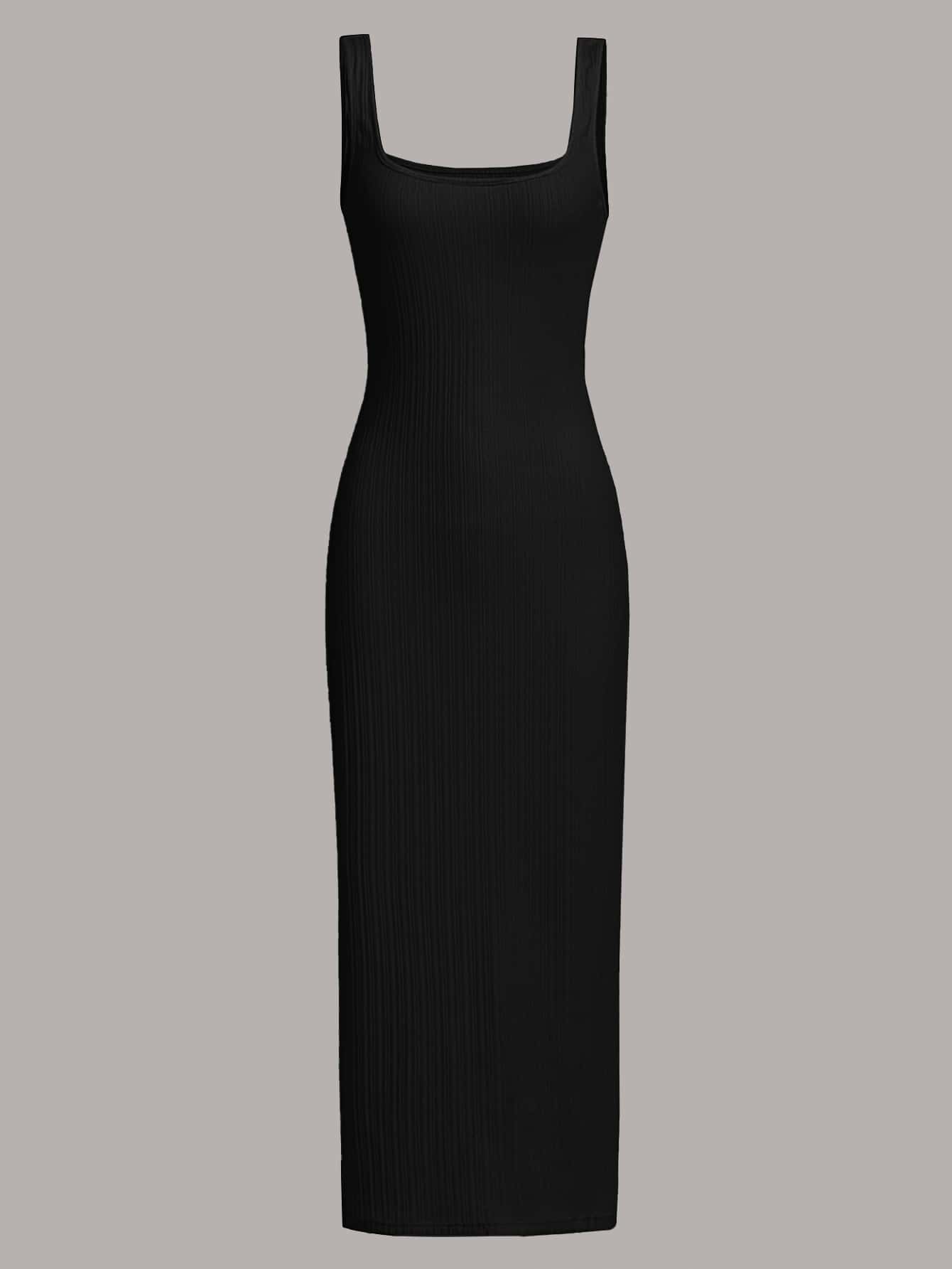 MOD Women's Black Summer Basic Everyday Square Neck Ribbed Knit Midi Tank Dress,Sleeveless Bodycon Fit Soft Stretch Casual Ankle Length Slim Silhouette
