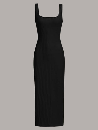MOD Women's Black Summer Basic Everyday Square Neck Ribbed Knit Midi Tank Dress,Sleeveless Bodycon Fit Soft Stretch Casual Ankle Length Slim Silhouette