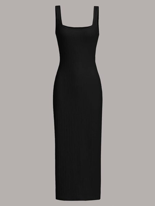 MOD Women's Black Summer Basic Everyday Square Neck Ribbed Knit Midi Tank Dress,Sleeveless Bodycon Fit Soft Stretch Casual Ankle Length Slim Silhouette