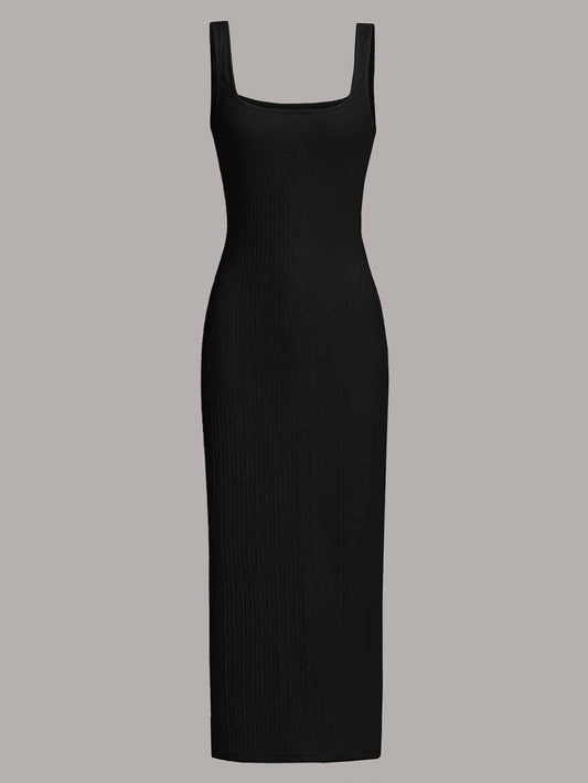 MOD Women's Black Summer Basic Everyday Square Neck Ribbed Knit Midi Tank Dress,Sleeveless Bodycon Fit Soft Stretch Casual Ankle Length Slim Silhouette