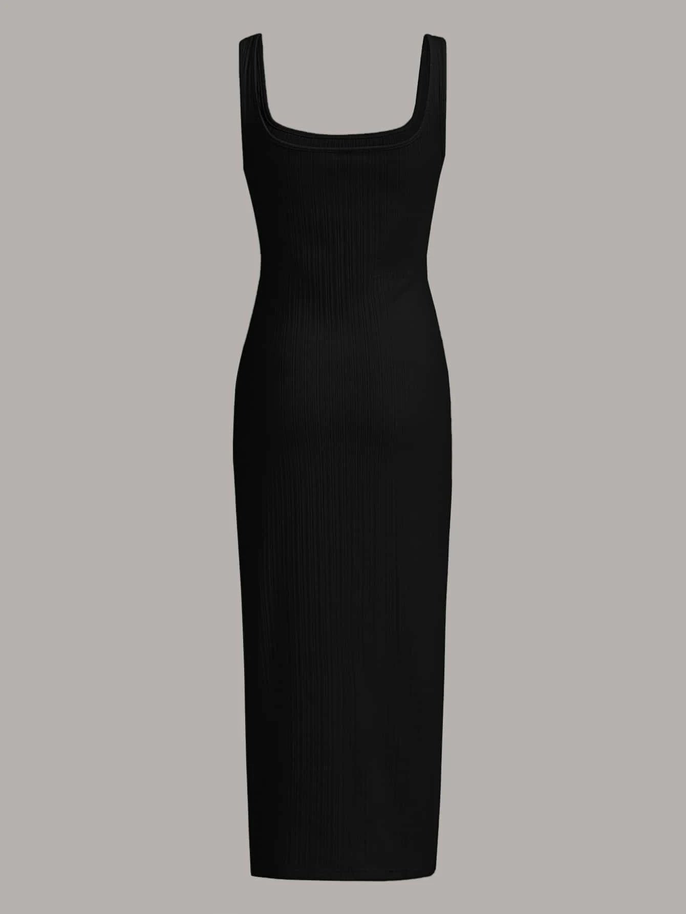 MOD Women's Black Summer Basic Everyday Square Neck Ribbed Knit Midi Tank Dress,Sleeveless Bodycon Fit Soft Stretch Casual Ankle Length Slim Silhouette