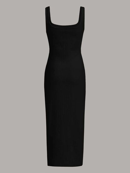 MOD Women's Black Summer Basic Everyday Square Neck Ribbed Knit Midi Tank Dress,Sleeveless Bodycon Fit Soft Stretch Casual Ankle Length Slim Silhouette