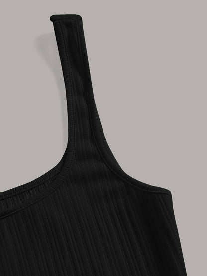 MOD Women's Black Summer Basic Everyday Square Neck Ribbed Knit Midi Tank Dress,Sleeveless Bodycon Fit Soft Stretch Casual Ankle Length Slim Silhouette