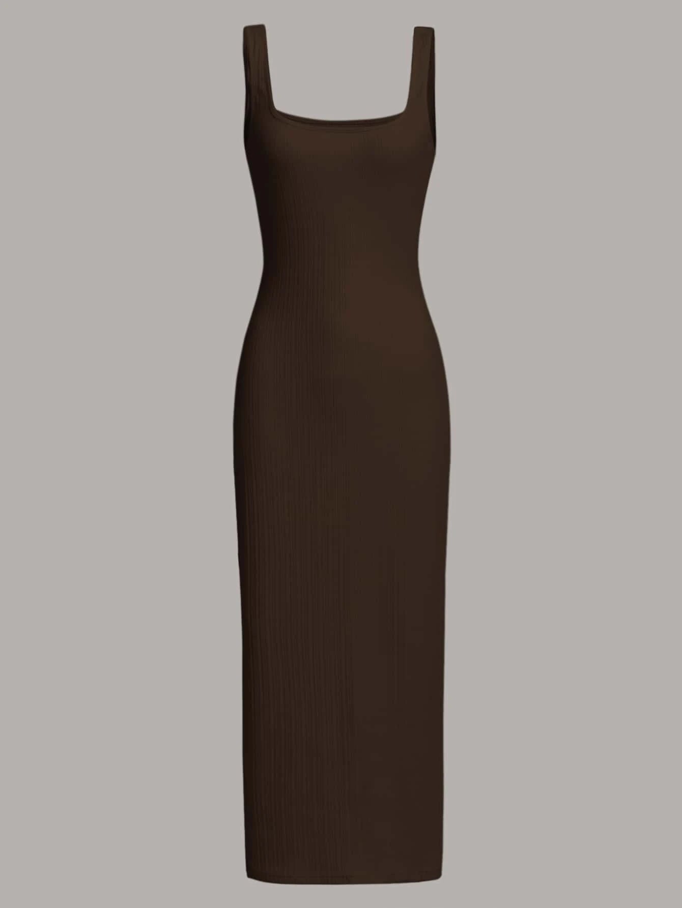 MOD Women's Black Summer Basic Everyday Square Neck Ribbed Knit Midi Tank Dress,Sleeveless Bodycon Fit Soft Stretch Casual Ankle Length Slim Silhouette