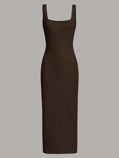 MOD Women's Black Summer Basic Everyday Square Neck Ribbed Knit Midi Tank Dress,Sleeveless Bodycon Fit Soft Stretch Casual Ankle Length Slim Silhouette