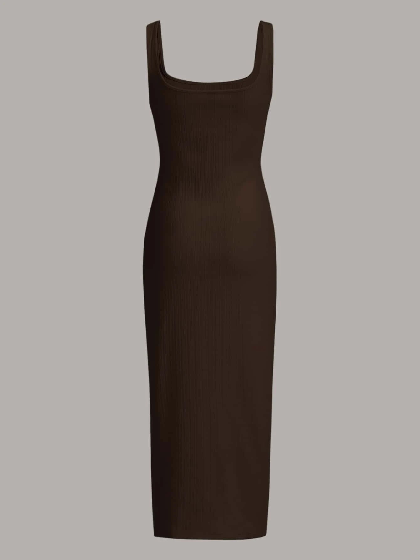 MOD Women's Black Summer Basic Everyday Square Neck Ribbed Knit Midi Tank Dress,Sleeveless Bodycon Fit Soft Stretch Casual Ankle Length Slim Silhouette