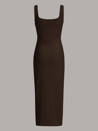 MOD Women's Black Summer Basic Everyday Square Neck Ribbed Knit Midi Tank Dress,Sleeveless Bodycon Fit Soft Stretch Casual Ankle Length Slim Silhouette