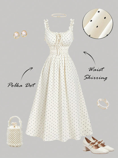 MOD Women's Black White Polka Dot Bow Ruched Milkmaid Dress,Elegant Romantic Vintage Party Eve Dresses,Summer Holiday Vacation Picnic Dresses,Floral