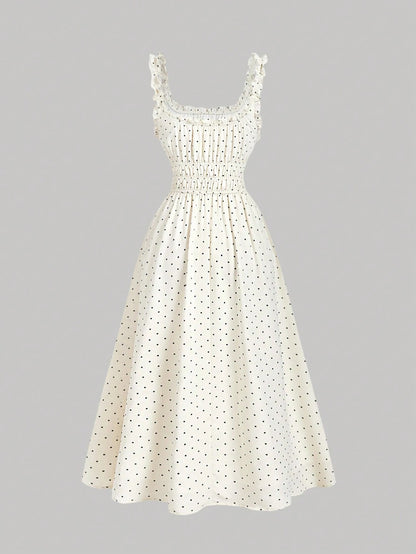 MOD Women's Black White Polka Dot Bow Ruched Milkmaid Dress,Elegant Romantic Vintage Party Eve Dresses,Summer Holiday Vacation Picnic Dresses,Floral