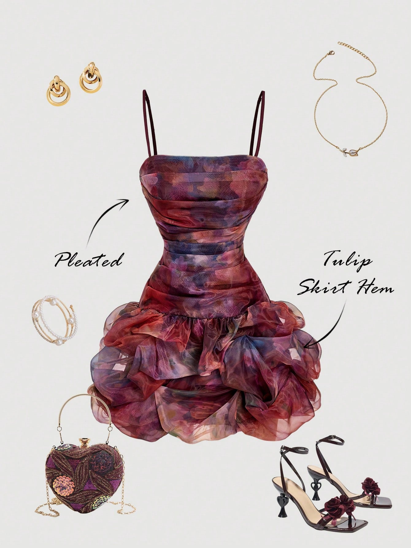 MOD Women's Dark Purple Floral Organza Mini Dress,Summer Elegant Ruched Bubble Hem Corset Dress,Unique Fantasy Graduation Guest Party Night Out Dress