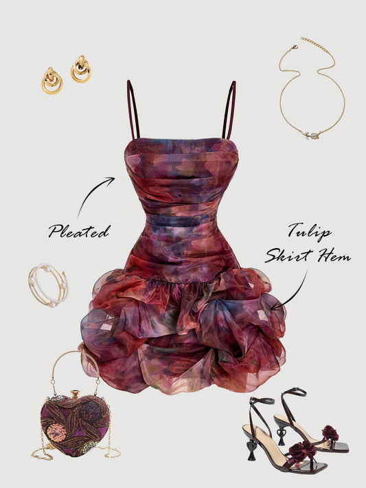 MOD Women's Dark Purple Floral Organza Mini Dress,Summer Elegant Ruched Bubble Hem Corset Dress,Unique Fantasy Graduation Guest Party Night Out Dress