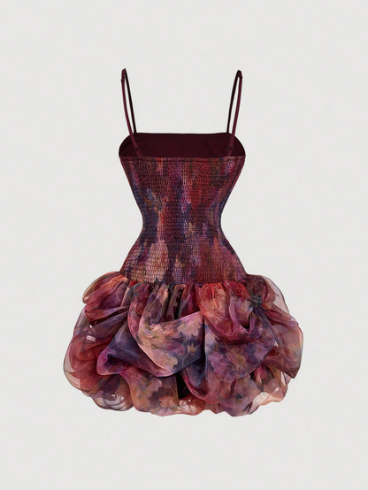 MOD Women's Dark Purple Floral Organza Mini Dress,Summer Elegant Ruched Bubble Hem Corset Dress,Unique Fantasy Graduation Guest Party Night Out Dress