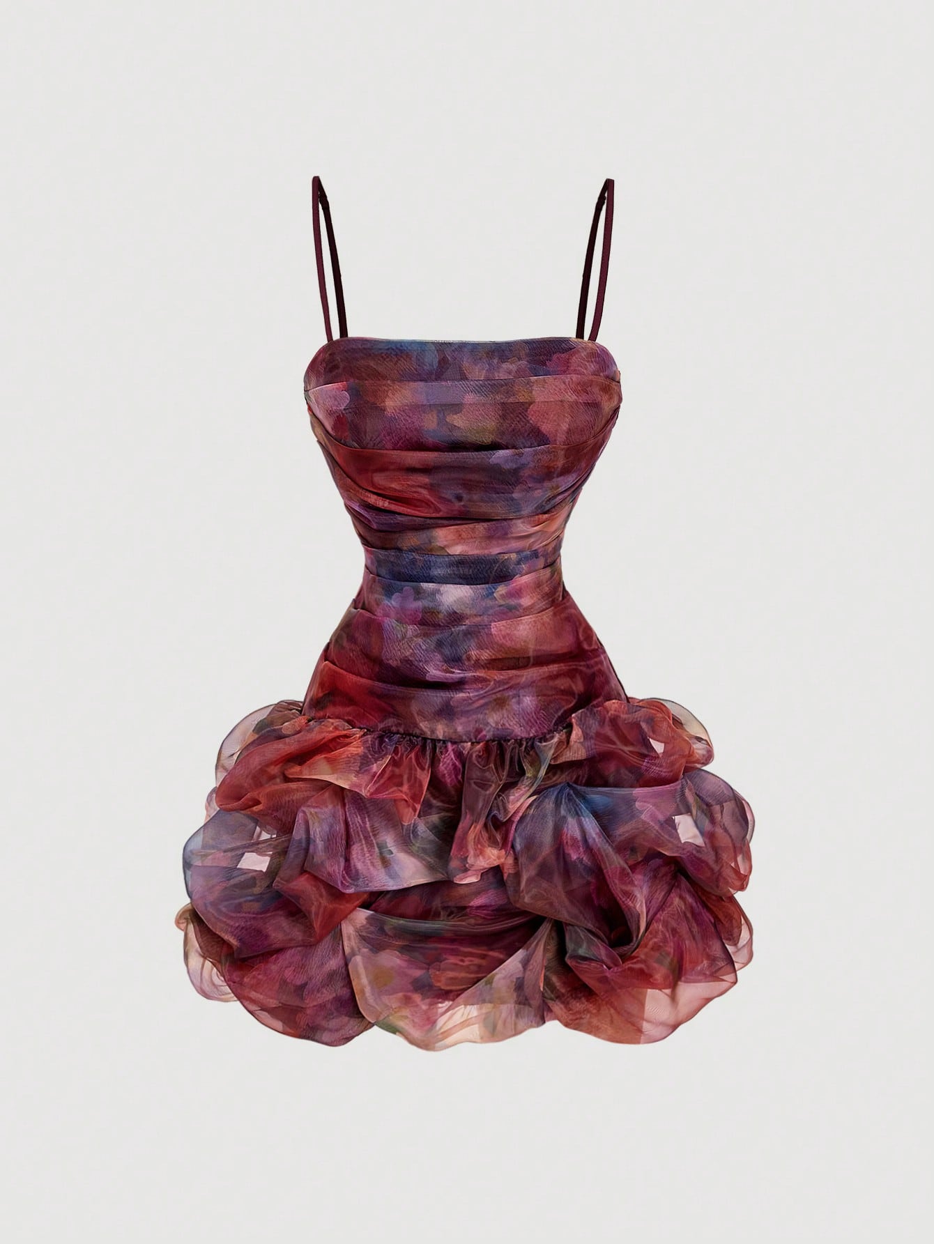 MOD Women's Dark Purple Floral Organza Mini Dress,Summer Elegant Ruched Bubble Hem Corset Dress,Unique Fantasy Graduation Guest Party Night Out Dress