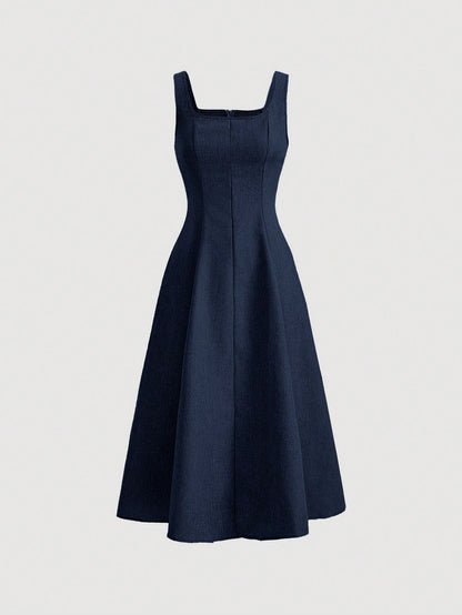 MOD Women's Elegant Navy Blue Summer Square Neck Sleeveless A Line Midi Dress,Denim Effect Slim Backless Tea Party Wedding Guest Formal Long Dresses