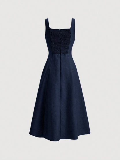 MOD Women's Elegant Navy Blue Summer Square Neck Sleeveless A Line Midi Dress,Denim Effect Slim Backless Tea Party Wedding Guest Formal Long Dresses