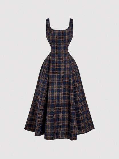 MOD Women's Elegant Navy Blue Summer Square Neck Sleeveless A Line Midi Dress,Denim Effect Slim Backless Tea Party Wedding Guest Formal Long Dresses