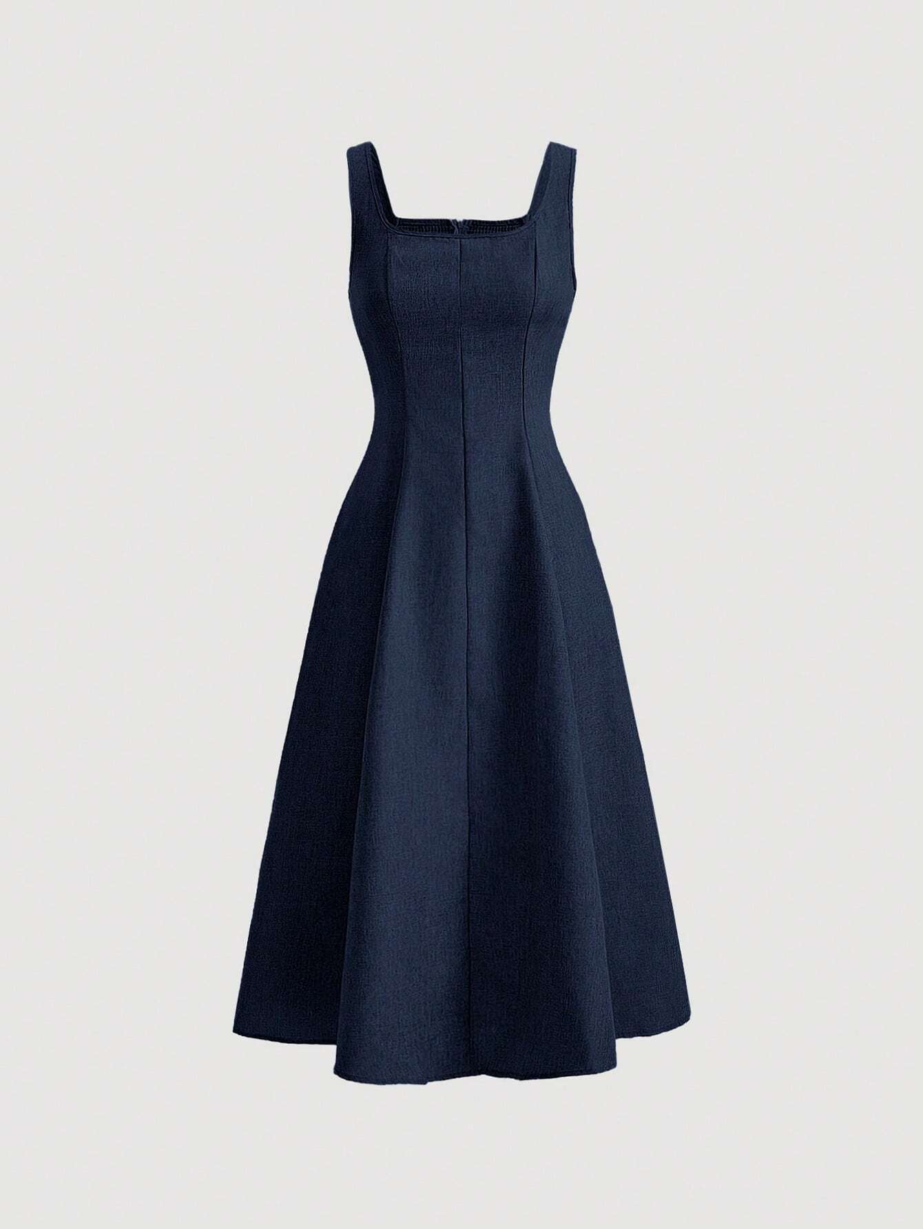 MOD Women's Elegant Navy Blue Summer Square Neck Sleeveless A Line Midi Dress,Denim Effect Slim Backless Tea Party Wedding Guest Formal Long Dresses