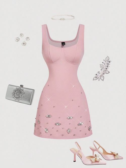 MOD Women's Elegant Soft Pink Rhinestone Sleeveless Bodycon Mini Dress,Summer Holiday Birthday Party Cocktail Wedding Guest Evening Gathering Dress