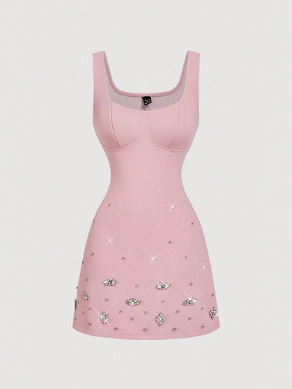 MOD Women's Elegant Soft Pink Rhinestone Sleeveless Bodycon Mini Dress,Summer Holiday Birthday Party Cocktail Wedding Guest Evening Gathering Dress