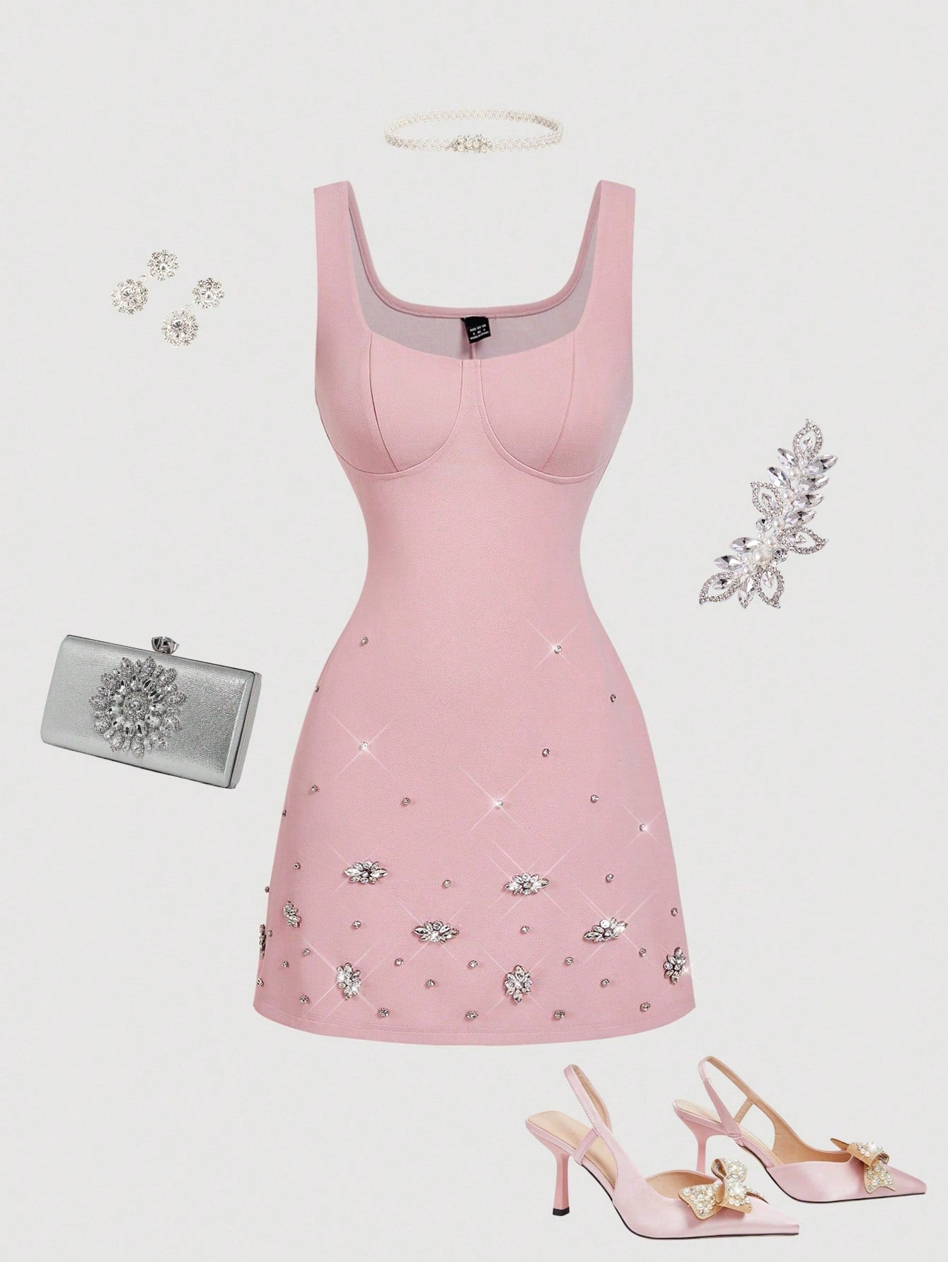 MOD Women's Elegant Soft Pink Rhinestone Sleeveless Bodycon Mini Dress,Summer Holiday Birthday Party Cocktail Wedding Guest Evening Gathering Dress