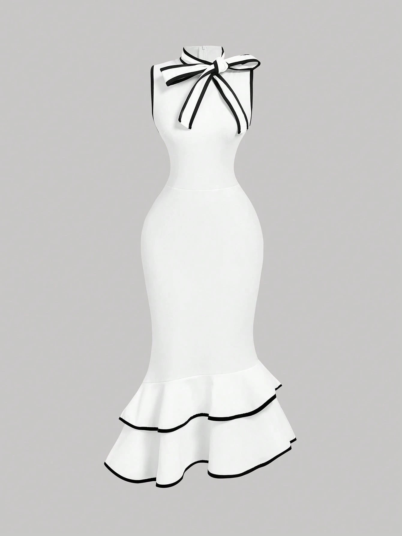MOD Women's Elegant White And Black Bow Mermaid Midi Dress,Summer Sleeveless Ruffle Hem Slim Fit Wedding Guest Dress With Draped Collar Contrast Trim