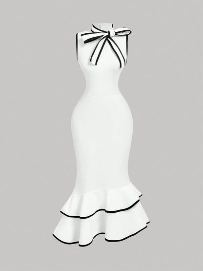 MOD Women's Elegant White And Black Bow Mermaid Midi Dress,Summer Sleeveless Ruffle Hem Slim Fit Wedding Guest Dress With Draped Collar Contrast Trim