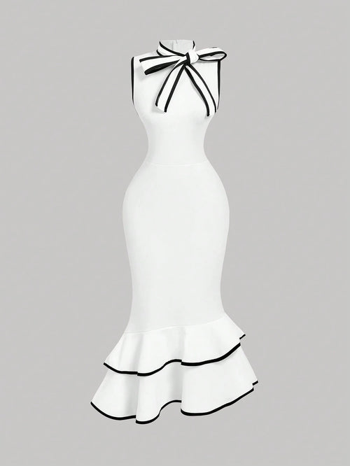 MOD Women's Elegant White And Black Bow Mermaid Midi Dress,Summer Sleeveless Ruffle Hem Slim Fit Wedding Guest Dress With Draped Collar Contrast Trim